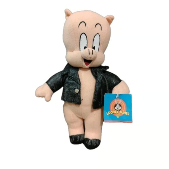 Porky Pig Looney Tunes Stuffed Animal Plush with Black Leather Jacket, SEE DESC - Picture 1 of 12